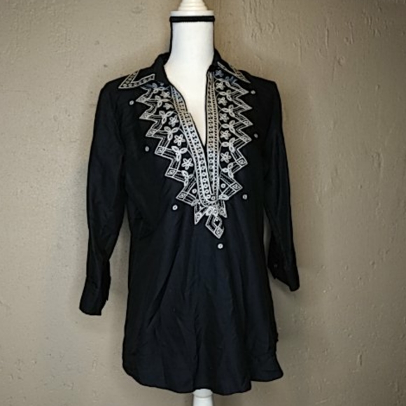 Talbots Tops - Talbots Navy V-Neck Tunic White Embroidery Sz. S